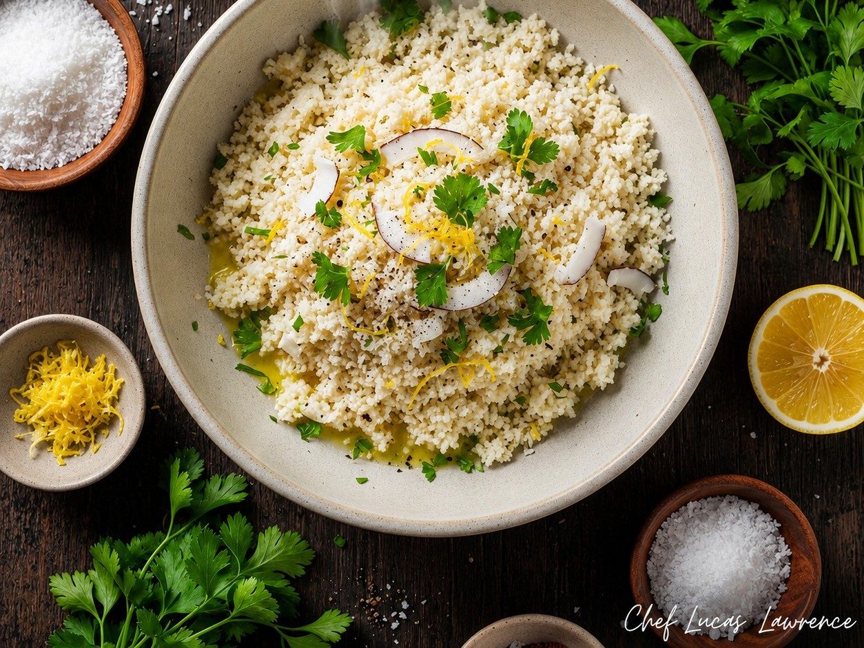 Cuscuz de Arroz com Coco Fresco, Limão & Ervas Aromáticas