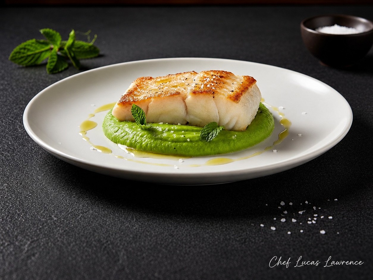 Peixe Branco Grelhado com Purê de Ervilha e Menta